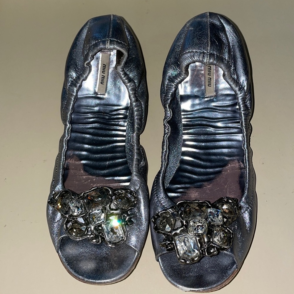 Miu Miu Metallic Flats with Crystal Detail